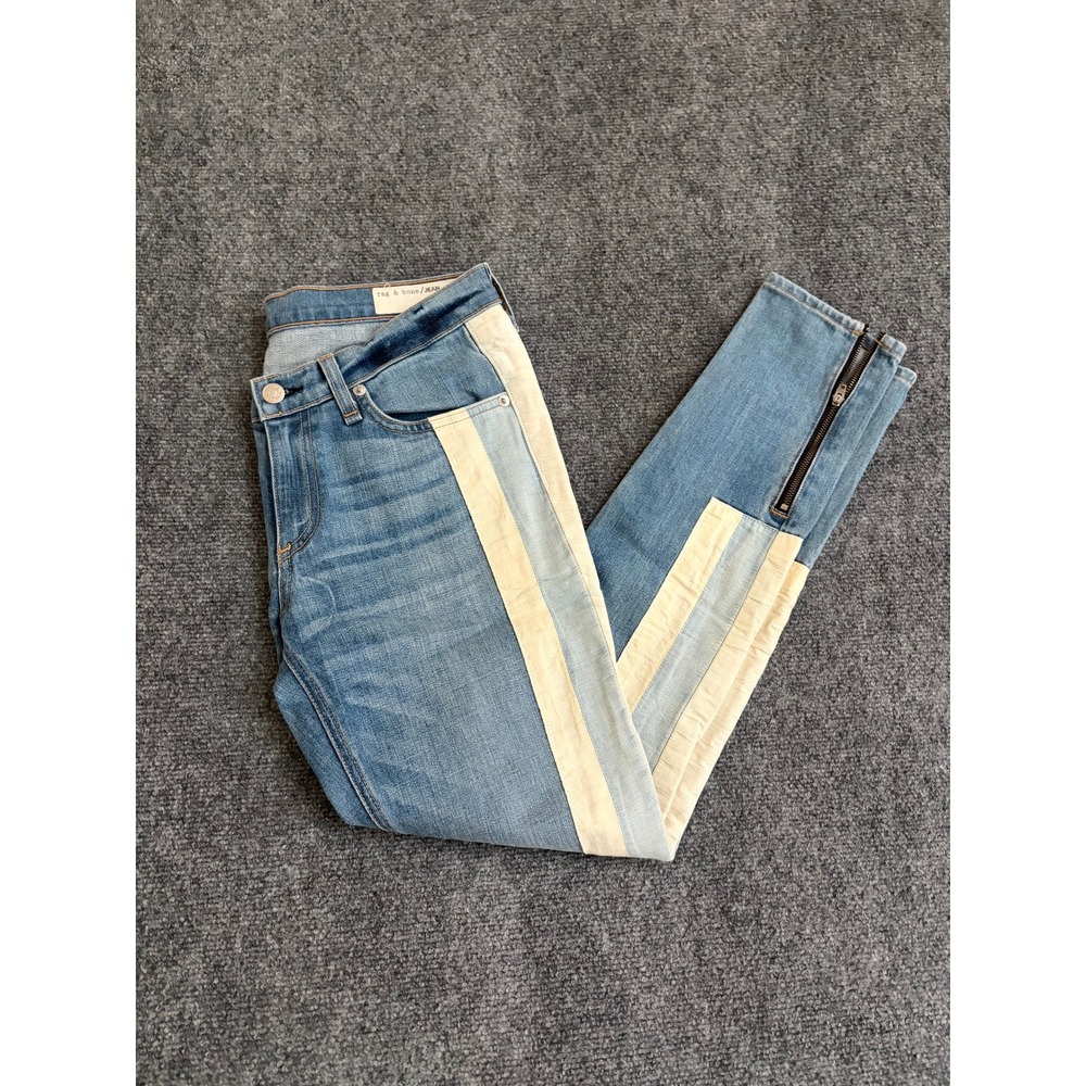 Rag & Bone Relay Side Stripe Skinny Jeans Blue Cream Ankle Zip W1543K880 Size 28